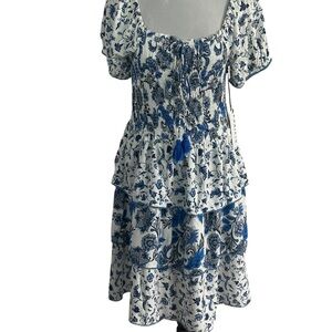 Margaux Riviera Blue &White Floral Smocked Tiered Dress Bohemian, Coastal Sz L